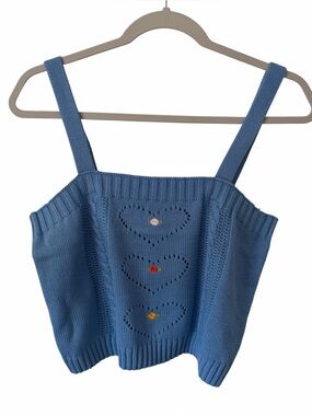 525 America Blue Heart Knit Sweater Tank Top Embroidered Floral Hearts Large NWT
